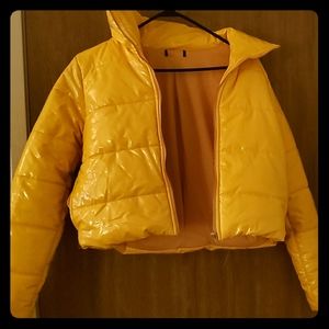 Yellow shiny puffer jacket